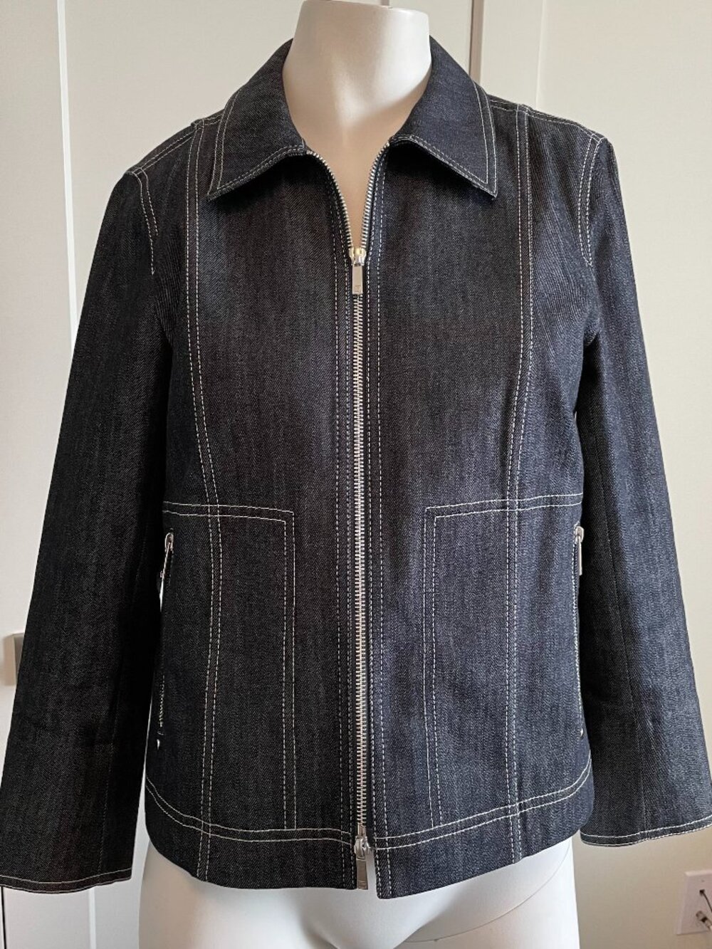 Lafayette 148 New York Classic Dark Wash Full Zip Cotton Denim Jacket Blue Sz S